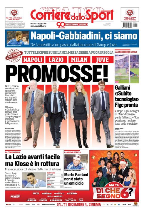 Portada de Corriere dello Sport del 3 de Diciembre
