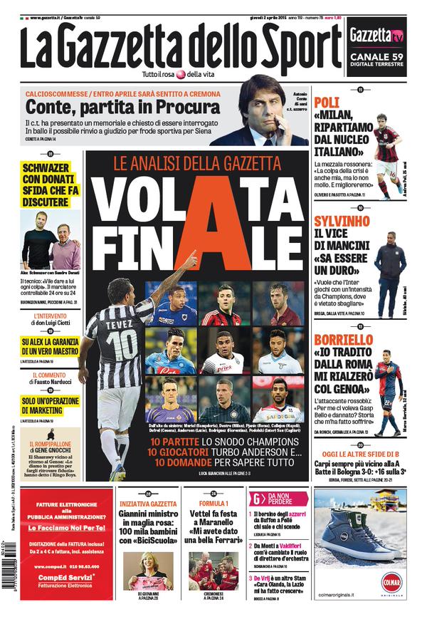 Portada Gazzetta dello Sport 2 de abril 2015