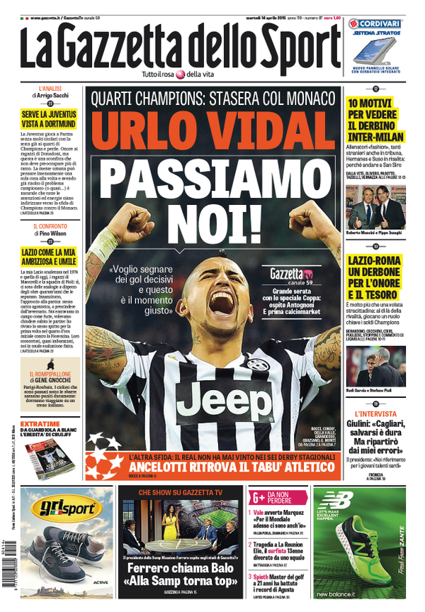 Portada de Gazzetta dello Sport del 14 de abril de 2015