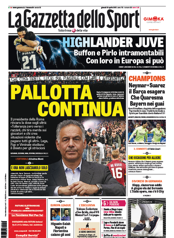 Portada de Gazzetta dello Sport del 16 de abril de 2015