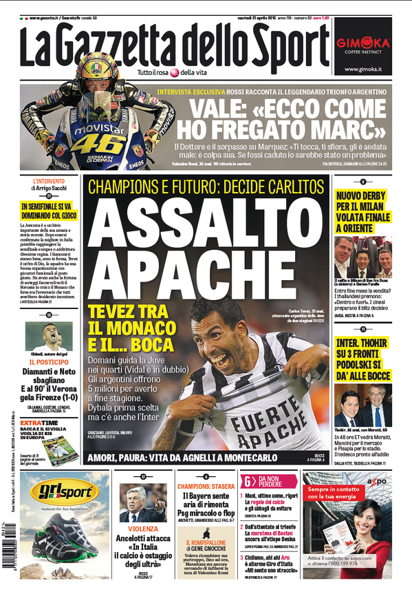 Portada de Gazzetta dello Sport del 21 de abril de 2015