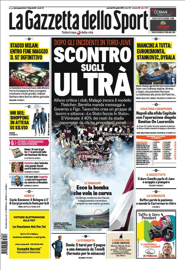 Portada de Gazzetta dello Sport del 28 de abril de 2015