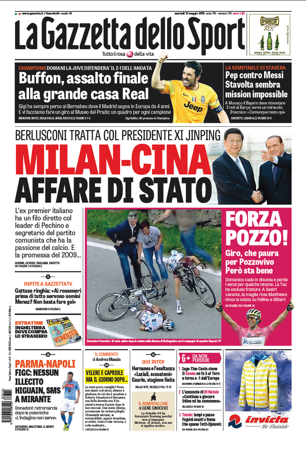 Portada de Gazzetta dello Sport del 12 de mayo de 2015