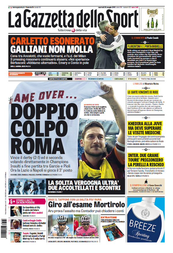 Portada de Gazzetta dello Sport del 26 de mayo de 2015