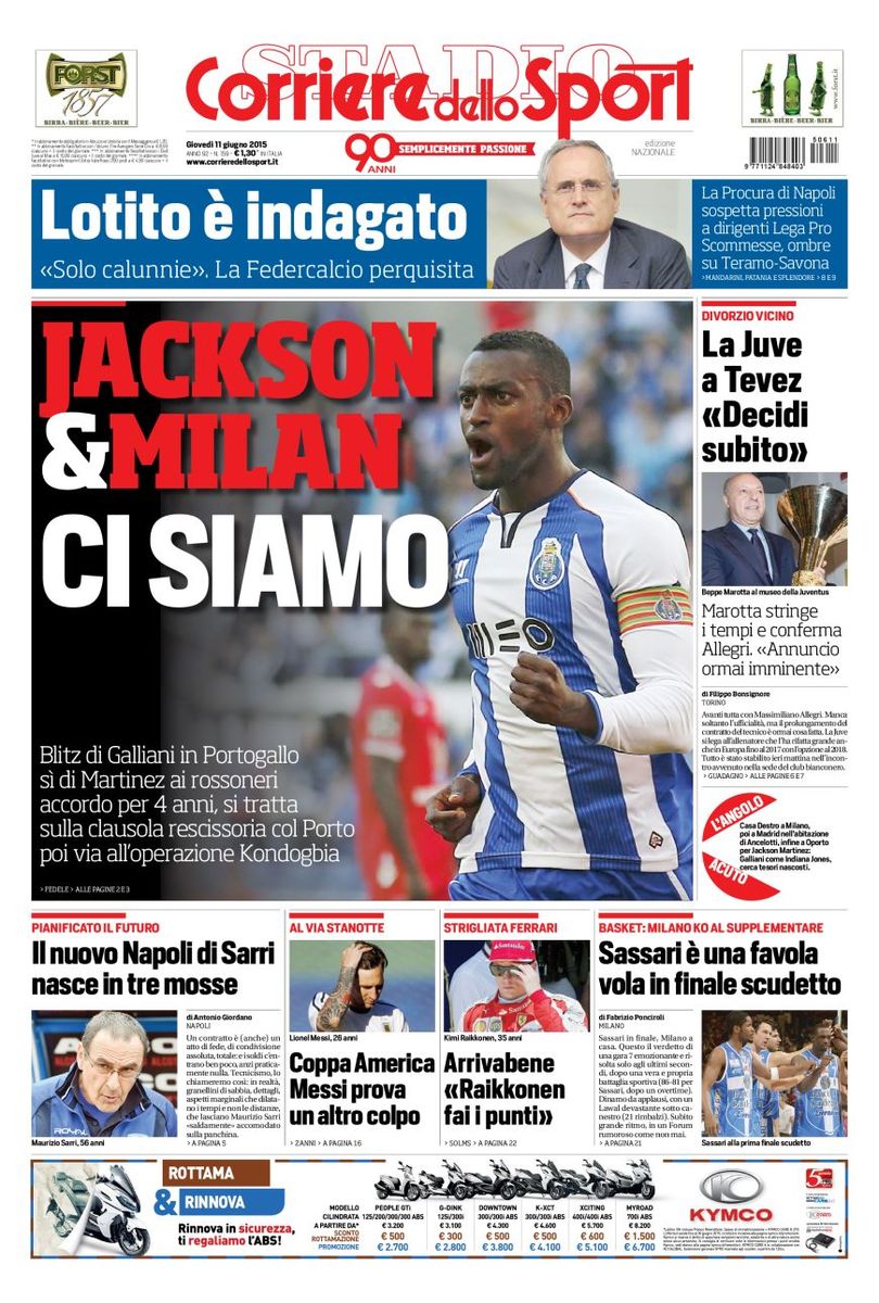 Portada de Corriere dello Sport del 11 de junio de 2015