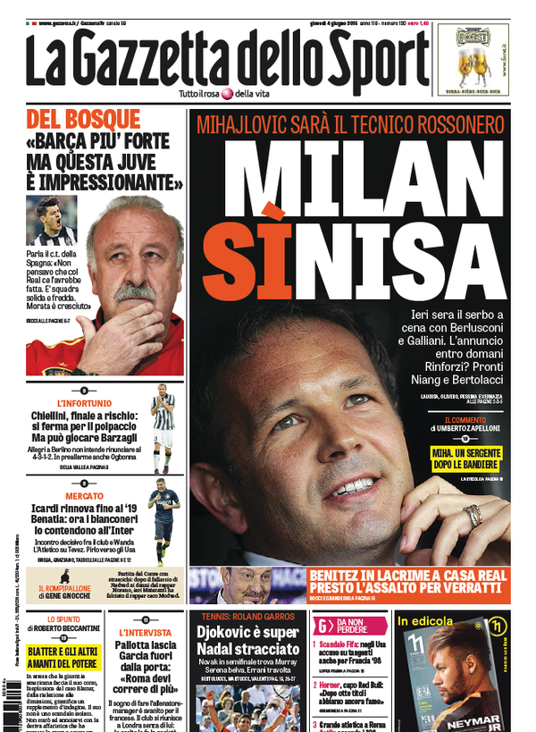 Portada de Gazzetta dello Sport del 4 de junio de 2015