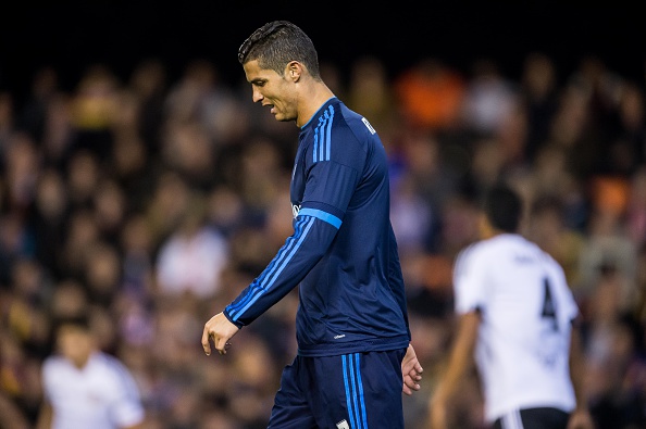 VALENCIA, SPAIN - JANUARY 03:  Cristiano Ronaldo of Real Madrid CF of Real Madrid CF reacts during the Valencia CF vs Real Madrid CF as part of the Liga BBVA 2015-2016  at Estadi de Mestalla on January 3, 2016 in Valencia, Spain.  (Photo by Aitor Colomer/Power Sport Images/Getty Images)