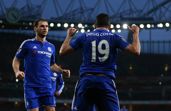 LONDON, ENGLAND - JANUARY 24:  Diego Costa of Chelsea celebrates after he scores to make it 0-1 during the Barclays Premier League match between Arsenal and Chelsea at the Emirates Stadium on January 24, 2016 in London, England.  (Photo by Catherine Ivill - AMA/Getty Images)