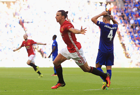 LONDON, ENGLAND - AUGUST 07: Zlatan Ibrahimovic of Manchester United celebrates after scoring his sides second goal during The FA Community Shield match between Leicester City and Manchester United at Wembley Stadium on August 7, 2016 in London, England.  (Photo by Ben Hoskins/Getty Images)