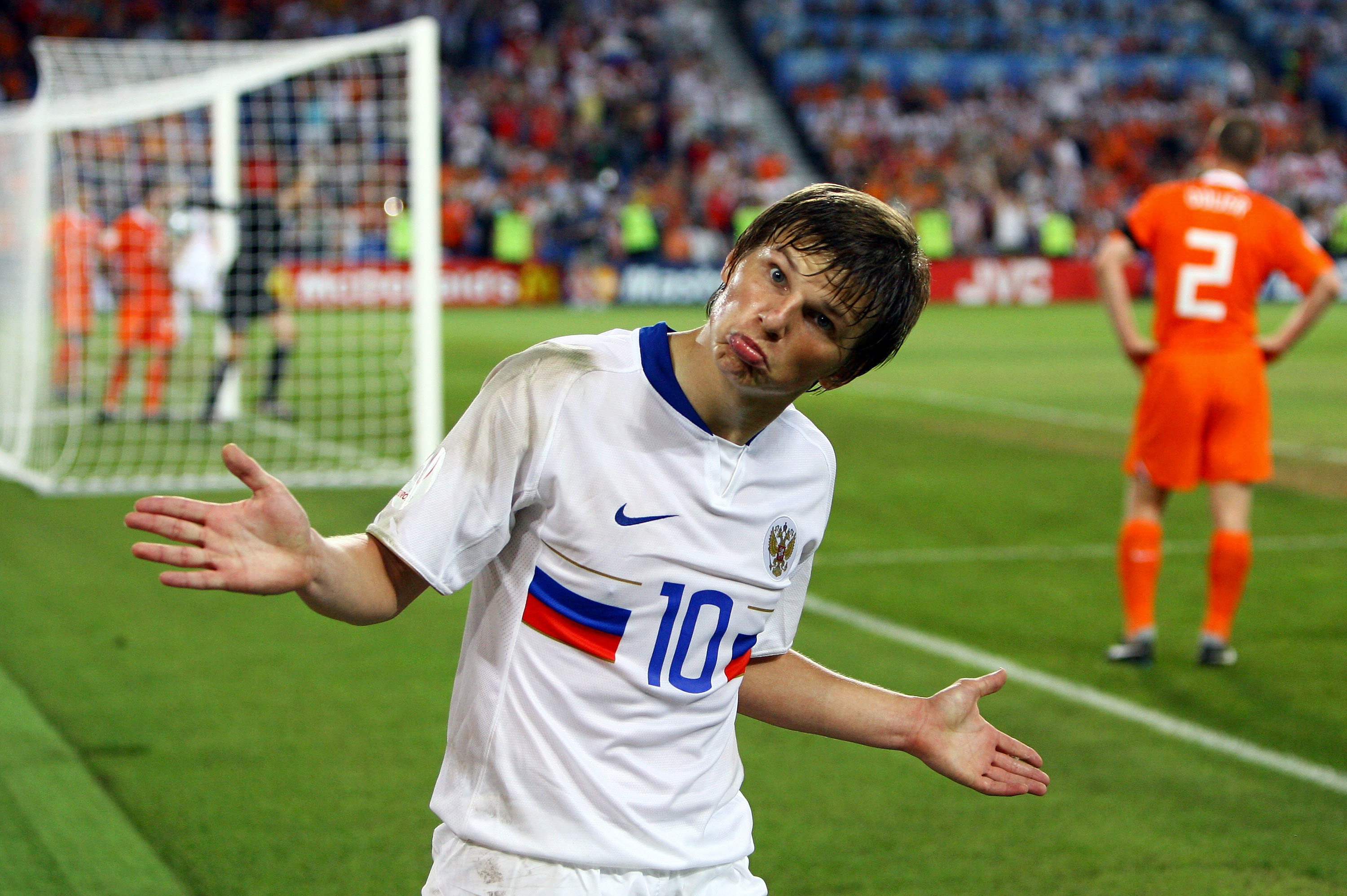 BASEL, SWITZERLAND - JUNE 21: Andrei Arshavin of Russia celebrates Russia's third goal during the UEFA EURO 2008 Quarter Final match between Netherlands and Russia at St. Jakob-Park on June 21, 2008 in Basel, Switzerland. (Photo by Alex Livesey/Getty Images)